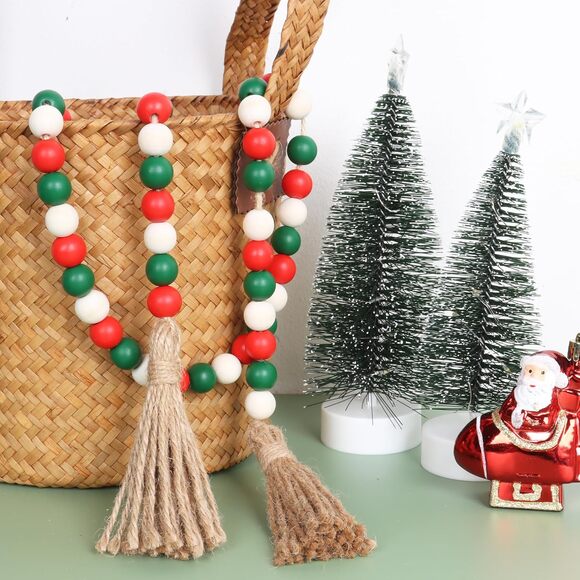 Christmas Wood Bead Garland 39in Farmhouse Tassel Decor Tree Wall Tray - Picture 4 of 6